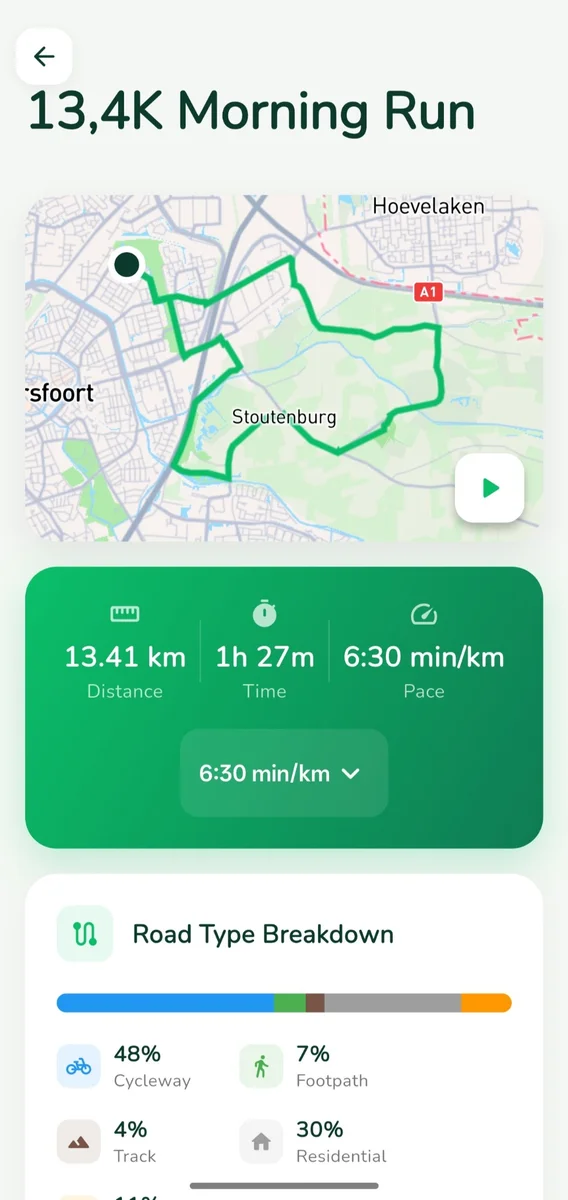 Running route details showing distance pace and time in Runplanner
